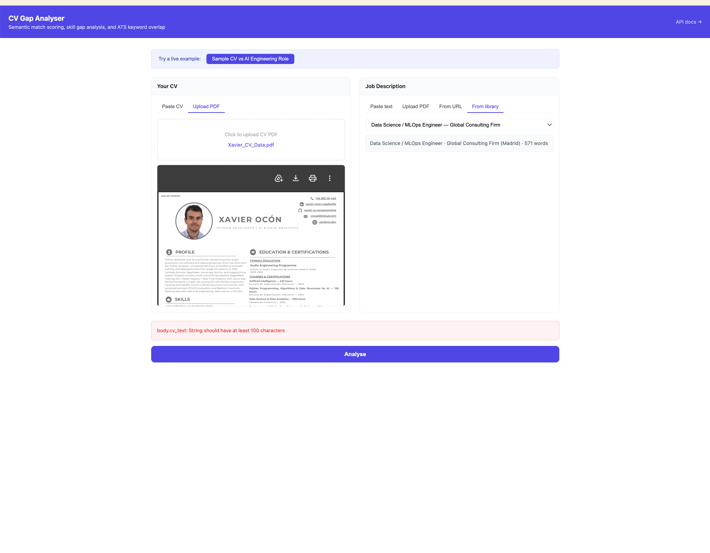 CV Gap Analyser — Semantic Job Matching with HuggingFace and Pinecone screenshot 4