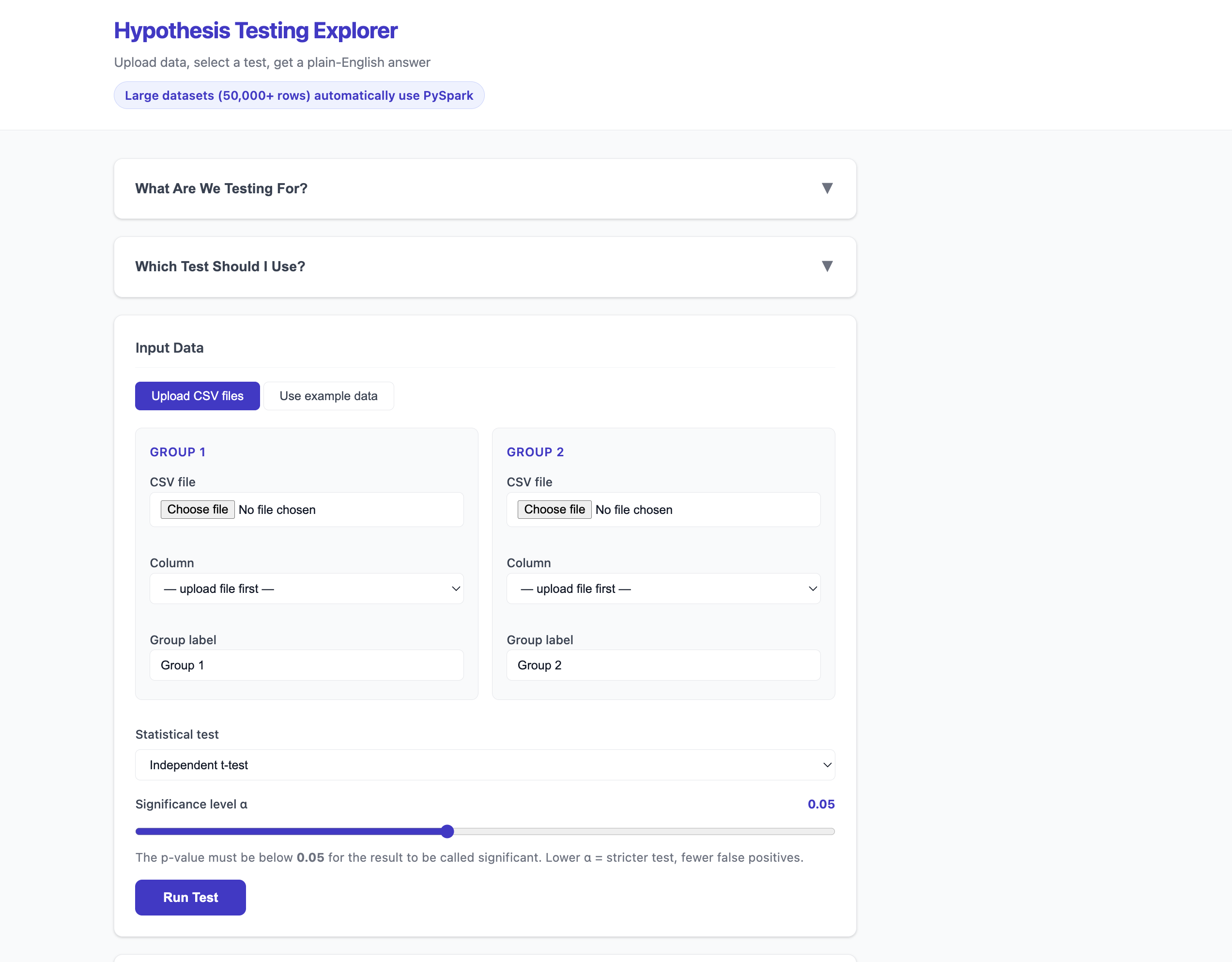 Hypothesis Testing Explorer — scipy and PySpark screenshot 1