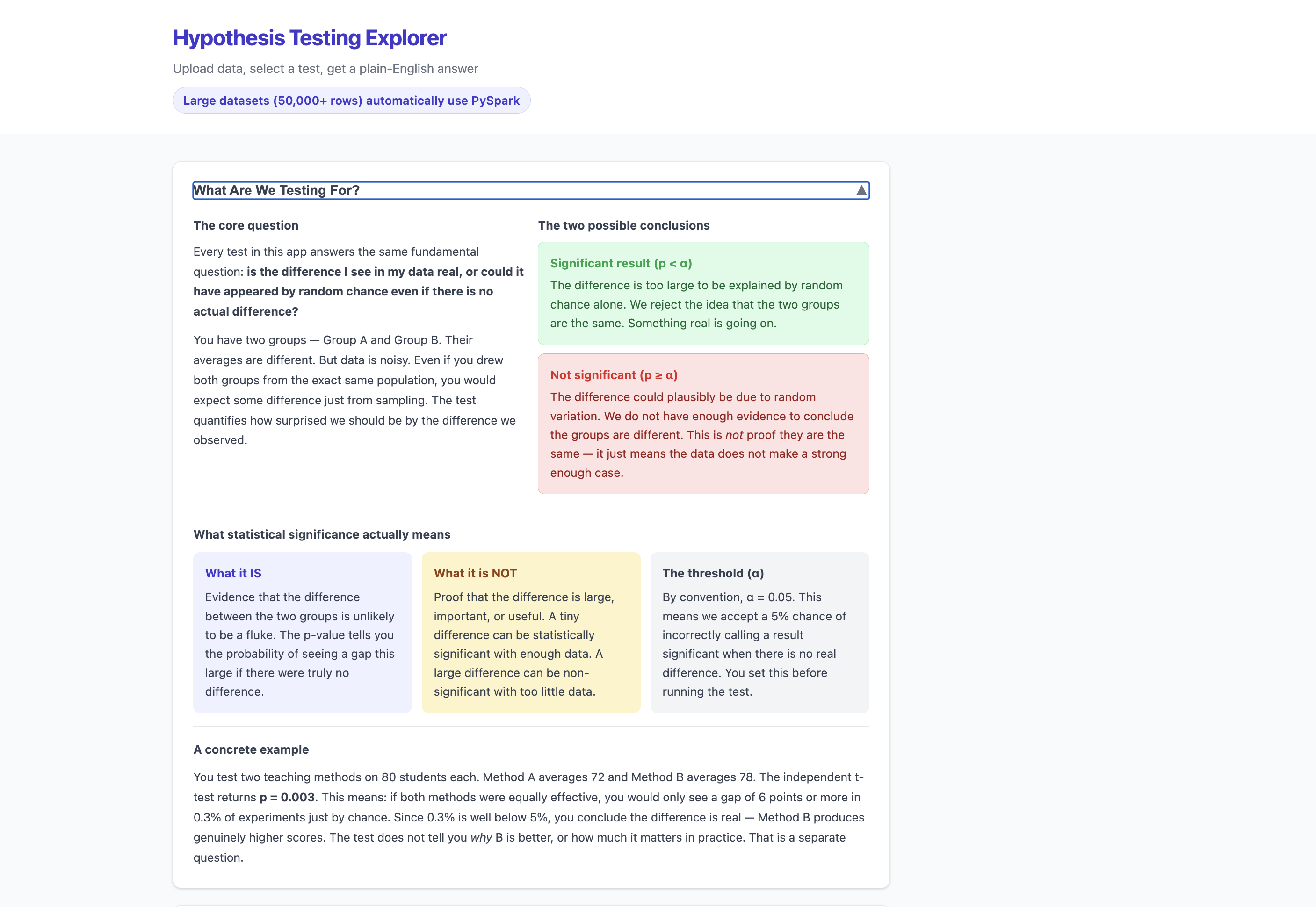 Hypothesis Testing Explorer — scipy and PySpark screenshot 2