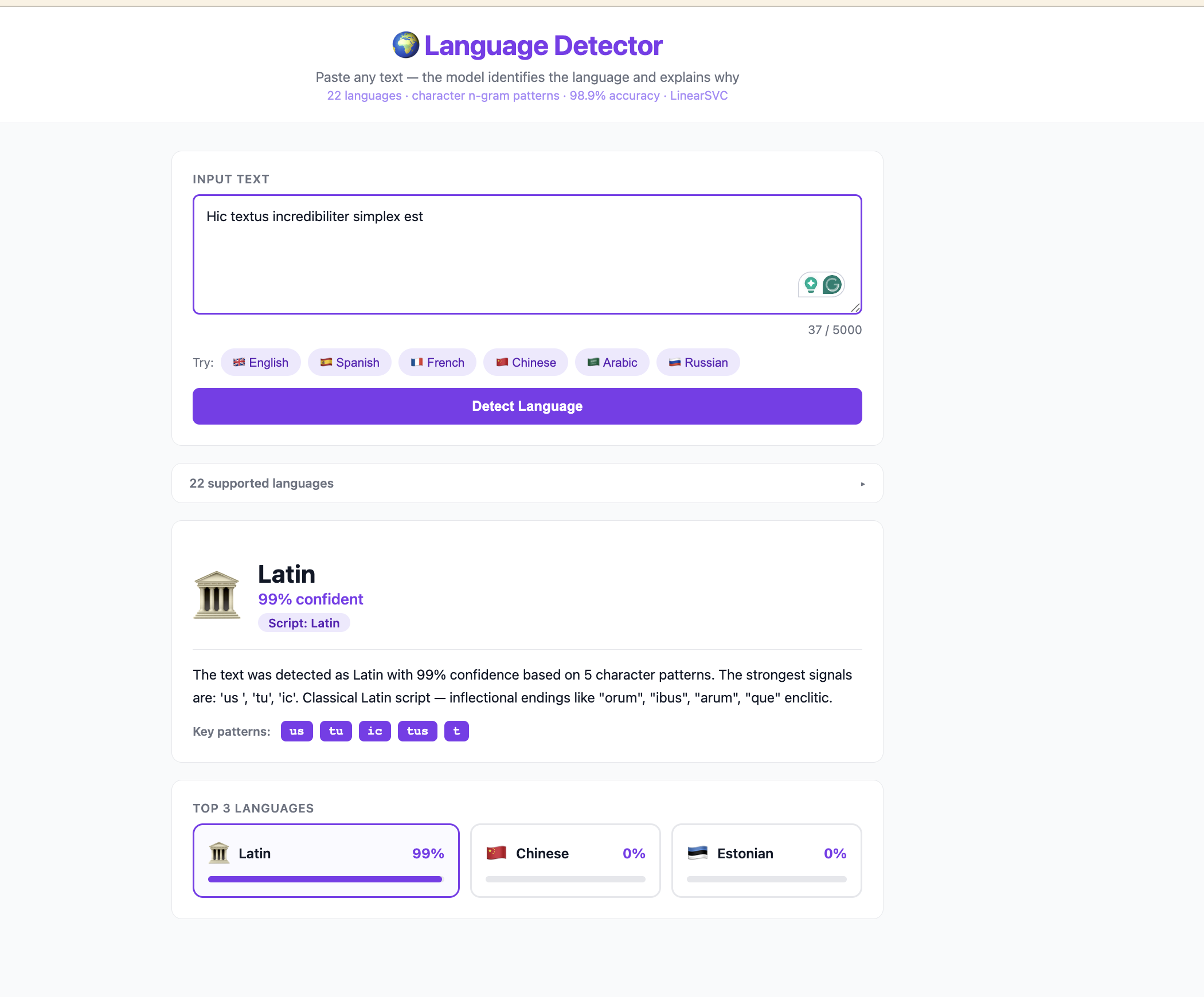 Language Detector — Character N-gram Classification screenshot 3